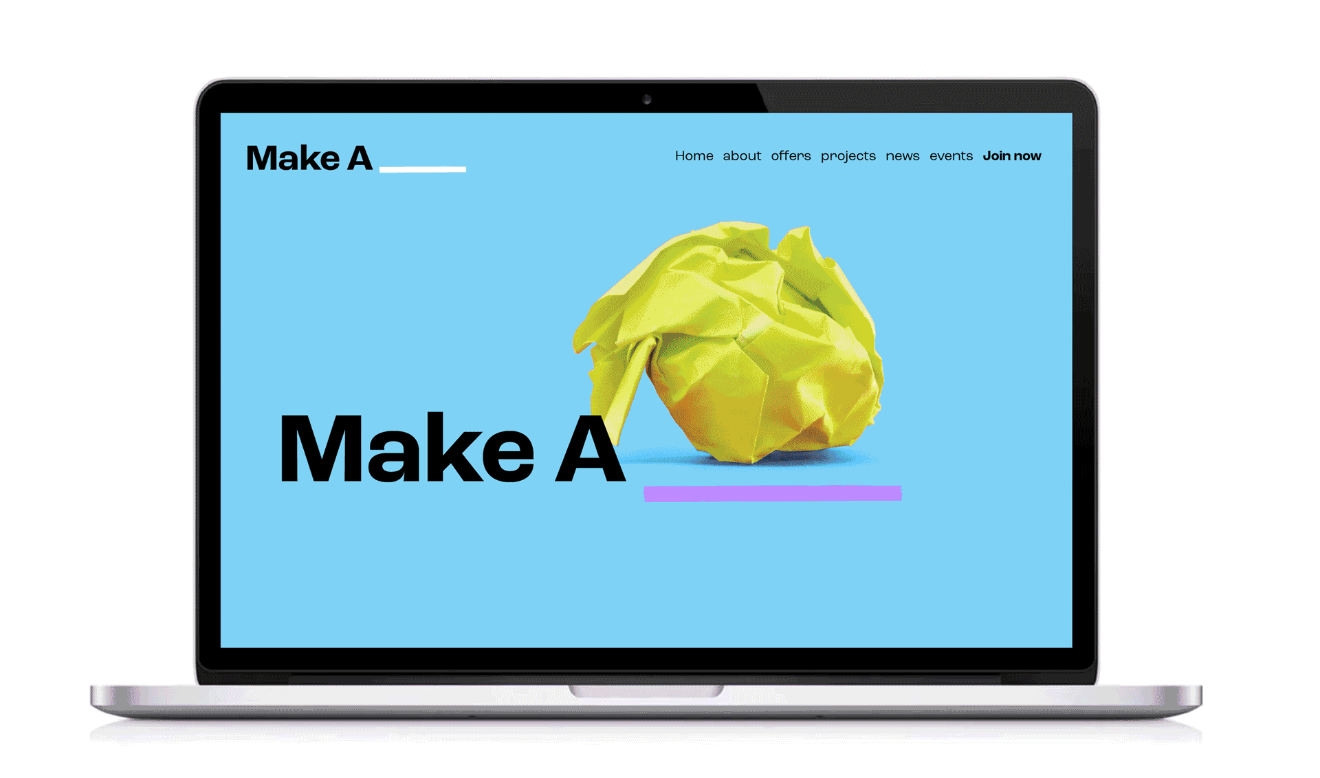 Animated laptop mockup of the Make A website homepage